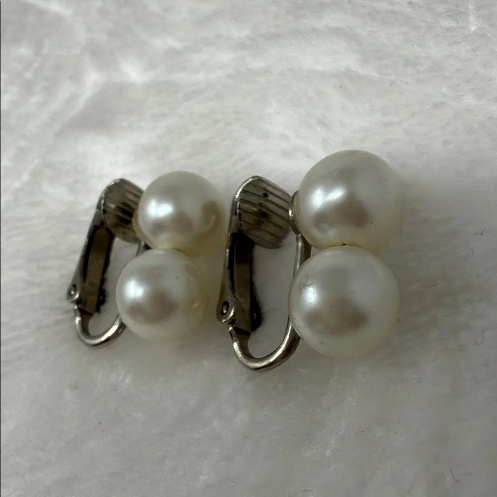 Vintage Faux Pearl Clip-On Earrings Silver Tone Double Pearl Old Hollywood glam